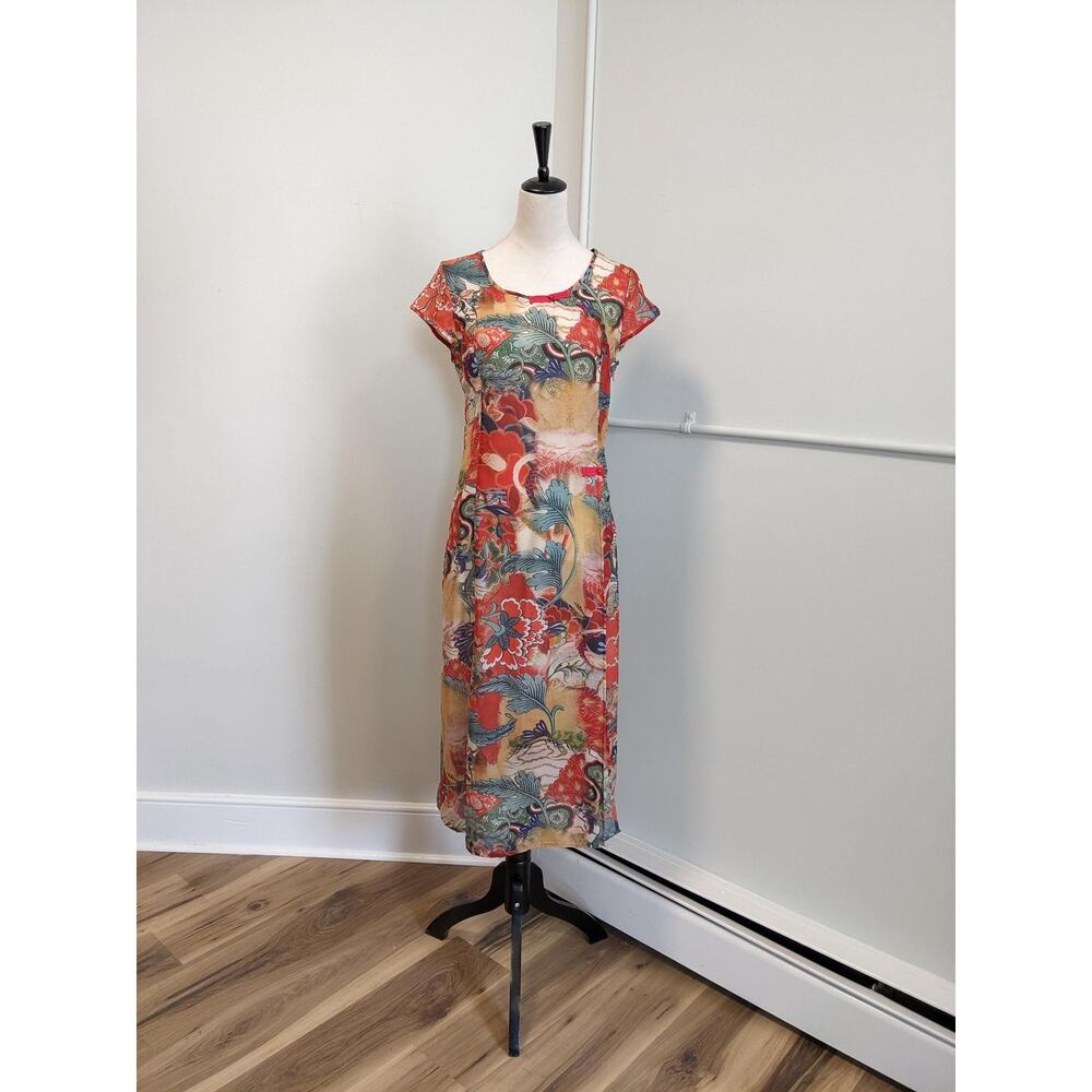 Vintage Y2K Red Floral Midi Dress M Boho Fairycore Sheer Romantic Keyingyi